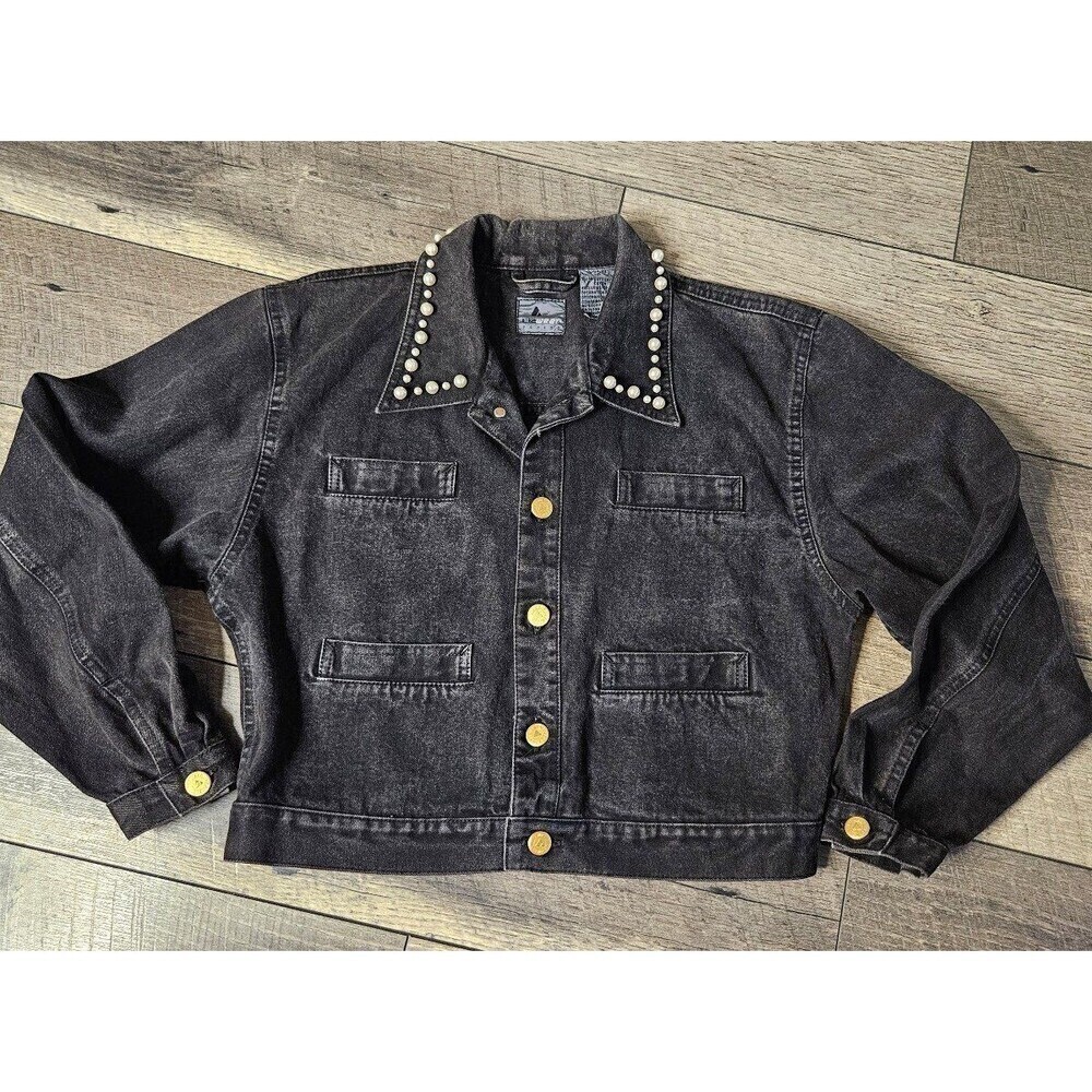 Liz Claiborne Vintage Lizwear Black Denim Jacket Pearls Japanese Flowers - Picture 4 of 14